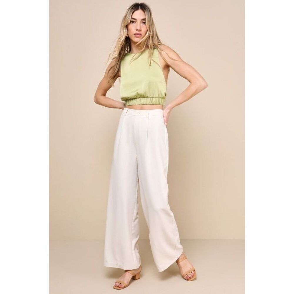 Lulus Totally Sophisticated Beige High-rise Wide-leg Trouser Pants - Size L